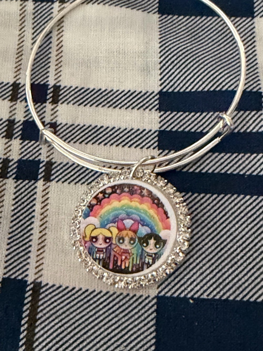 Silver-tone Powerpuff Girls Rainbow Charm Bangle Bracelet